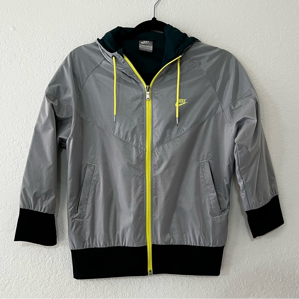 Nike Gray Hooded Zip Up Bomber Jacket 3/4 Sleeves Yellow & Black Accent Medium